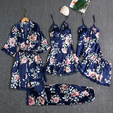 Load image into Gallery viewer, 5PC Satin Nightwear Pajama Set - 5PCS Blue - C / M