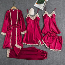 Load image into Gallery viewer, 5PC Satin Nightwear Pajama Set - 5PCS Burgundy - B / M