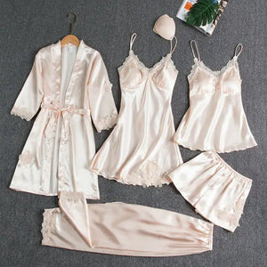 5PC Satin Nightwear Pajama Set - 5PCS Champagne - A / M