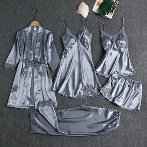 5PC Satin Nightwear Pajama Set - 5PCS Gray - A / M