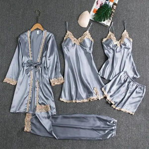 5PC Satin Nightwear Pajama Set - 5PCS Gray - B / M