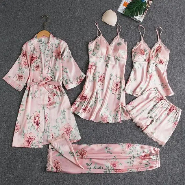 5PC Satin Nightwear Pajama Set - 5PCS Pink - C / XXL