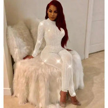 Load image into Gallery viewer, Sequin See Through Mesh Diamond Long Sleeve Jumpsuit - white