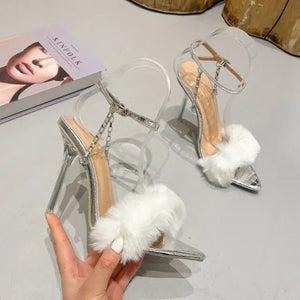 Sexy Pointed Toe Fluffy High Heel Shoes - Silver / 37
