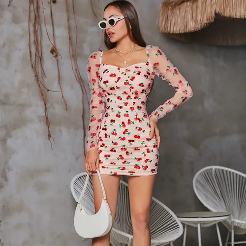 Sheath Cherry Sequin Zipper Mesh Full Sleeve Mini Dress