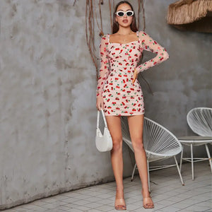 Sheath Cherry Sequin Zipper Mesh Full Sleeve Mini Dress