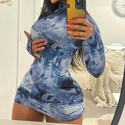 Sheer Mesh Dragon Print Mini Bodycon Dress