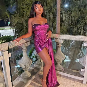 Shiny Metallic Elegant Draped Long Sleeve Evening Dress
