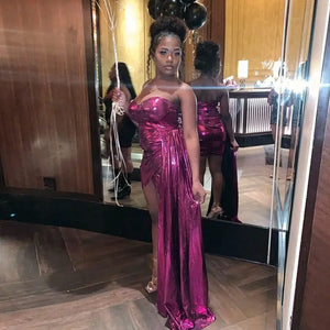 Shiny Metallic Elegant Draped Long Sleeve Evening Dress