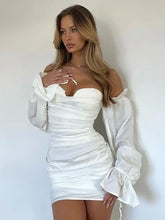 Load image into Gallery viewer, Off Shoulder Backless Ruched Bodycon Lantern Sleeve Dress