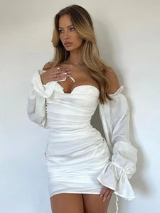 Off Shoulder Backless Ruched Bodycon Lantern Sleeve Dress