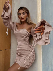 Off Shoulder Backless Ruched Bodycon Lantern Sleeve Dress