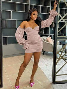Off Shoulder Backless Ruched Bodycon Lantern Sleeve Dress