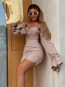 Off Shoulder Backless Ruched Bodycon Lantern Sleeve Dress