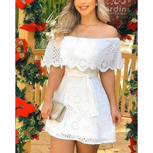 Load image into Gallery viewer, Off Shoulder Broderie Lace Mini Dress - White / M