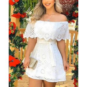 Off Shoulder Broderie Lace Mini Dress - White / M