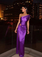 Load image into Gallery viewer, One Shoulder Cutout Draped High Slit Midi Dress