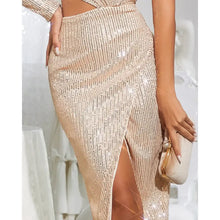 Load image into Gallery viewer, One Shoulder Cutout Slit Maxi Sequin Dress