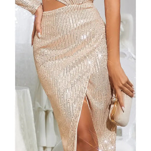 One Shoulder Cutout Slit Maxi Sequin Dress