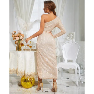 One Shoulder Cutout Slit Maxi Sequin Dress