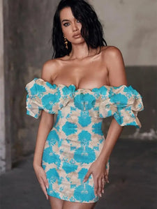 Off Shoulder Embroidered Floral Mini Bodycon Dress