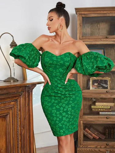 Off Shoulder Floral Puff Sleeve Bodycon Mini Dress