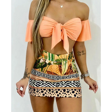 Load image into Gallery viewer, Off Shoulder Tie Front Top &amp; Tropical Print Colorblock Skirt