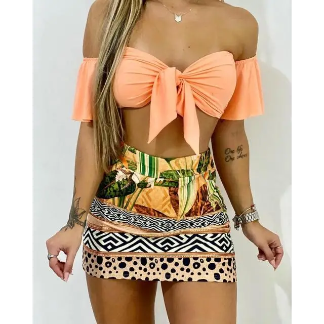 Off Shoulder Tie Front Top & Tropical Print Colorblock Skirt