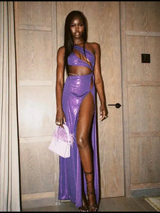 One Shoulder Hollow out Sequin High Split Maxi Dress