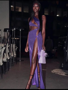 One Shoulder Hollow out Sequin High Split Maxi Dress