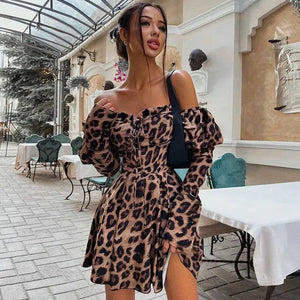 Off Shoulder Leopard Print Lantern Sleeve Bodycon Dress