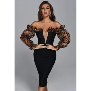 Off Shoulder Leopard Print Mesh Long Sleeve Bandage Dres