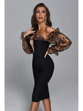 Load image into Gallery viewer, Off Shoulder Leopard Print Mesh Long Sleeve Bandage Dres
