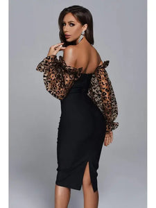 Off Shoulder Leopard Print Mesh Long Sleeve Bandage Dres