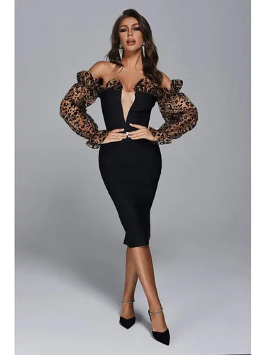 Off Shoulder Leopard Print Mesh Long Sleeve Bandage Dres