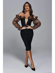Off Shoulder Leopard Print Mesh Long Sleeve Bandage Dres