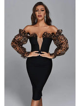 Load image into Gallery viewer, Off Shoulder Leopard Print Mesh Long Sleeve Bandage Dres