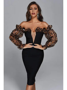 Off Shoulder Leopard Print Mesh Long Sleeve Bandage Dres