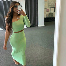 Load image into Gallery viewer, One Shoulder Long Sleeve Crop Top &amp; Skirt Set - green / L