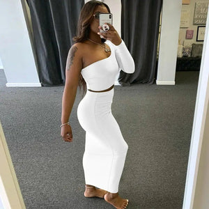 One Shoulder Long Sleeve Crop Top & Skirt Set - white / L