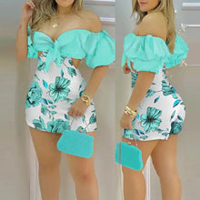 Load image into Gallery viewer, Off Shoulder Party Mini Floral Print Romper - L / Sky Blue