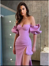 Load image into Gallery viewer, Off Shoulder Puff Sleeve Bandage Midi Dress