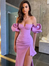 Load image into Gallery viewer, Off Shoulder Puff Sleeve Bandage Midi Dress