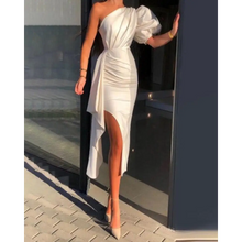 Load image into Gallery viewer, One Shoulder Puff Sleeve Ruched Slit Dress - White / M