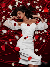 Load image into Gallery viewer, Off Shoulder Puff Sleeves Satin Dress