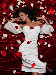 Off Shoulder Puff Sleeves Satin Dress