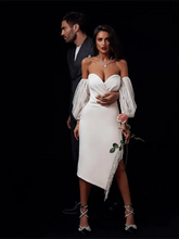 Load image into Gallery viewer, Off Shoulder Puff Sleeves Satin Dress