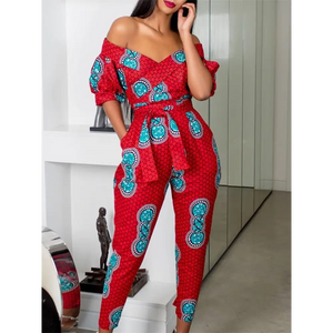 Off Shoulder Puffed Sleeve Print Jumpsuits