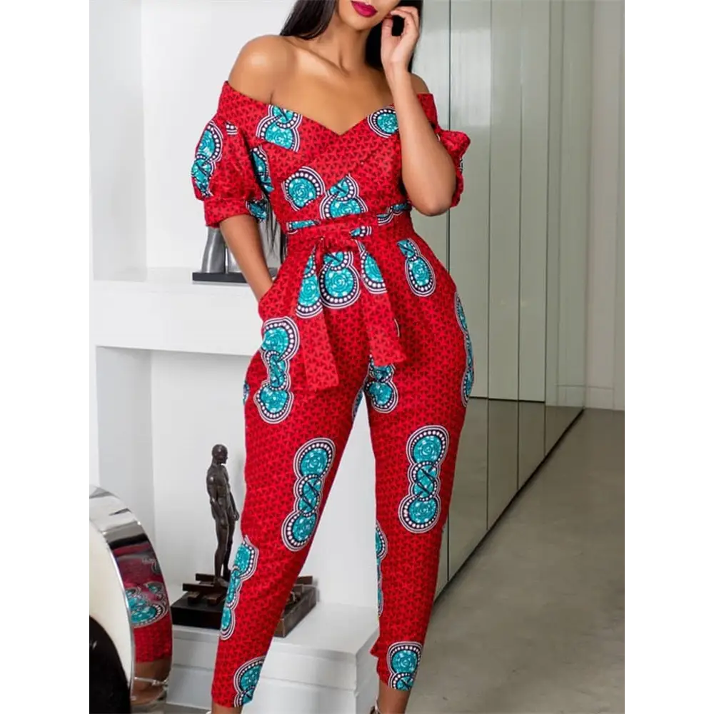 Off Shoulder Puffed Sleeve Print Jumpsuits