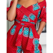 Load image into Gallery viewer, Off Shoulder Puffed Sleeve Print Jumpsuits